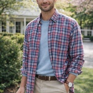 Peter Millar Shirt Long Sleeve Button Down 100% Cotton Plaid Pink & Blue Size XL